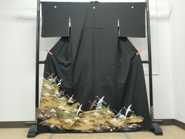 平和屋着物■豪華黒留袖 駒刺繍 飛鶴松文 金彩 正絹 逸品 CABF1718th