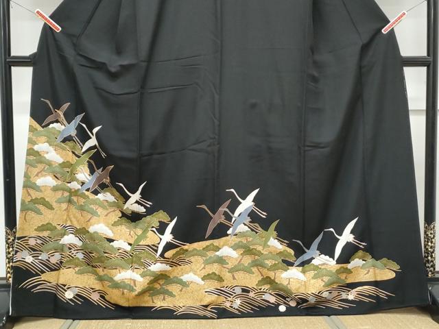 平和屋着物■豪華黒留袖 駒刺繍 飛鶴松文 金彩 正絹 逸品 CABF1718th