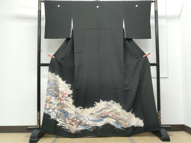 平和屋着物■豪華黒留袖 駒刺繍 風景花文 暈し染め 金彩 正絹 逸品 CABF1741th