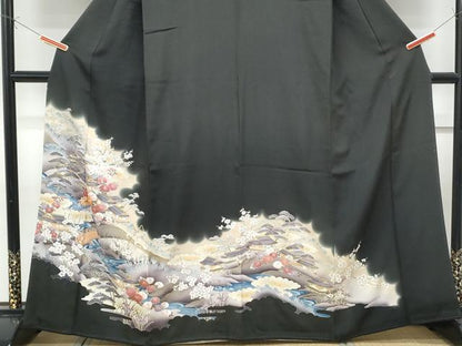 平和屋着物■豪華黒留袖 駒刺繍 風景花文 暈し染め 金彩 正絹 逸品 CABF1741th