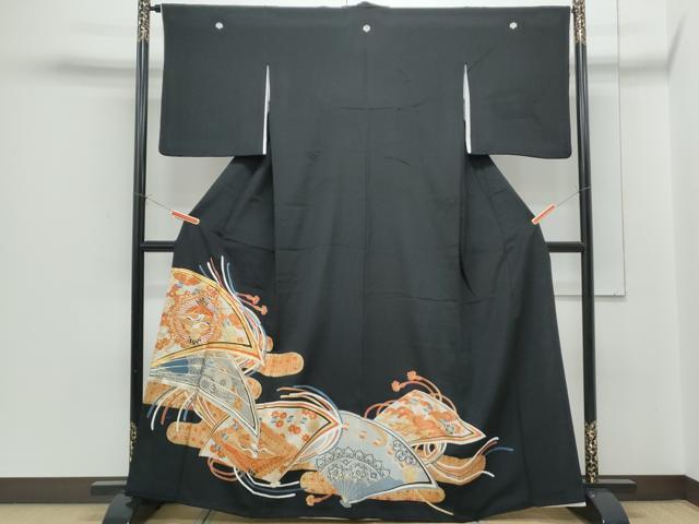 平和屋着物■豪華黒留袖 駒刺繍 扇面飛鶴花文 金彩 正絹 逸品 CABF1746th