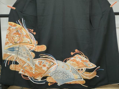 平和屋着物■豪華黒留袖 駒刺繍 扇面飛鶴花文 金彩 正絹 逸品 CABF1746th