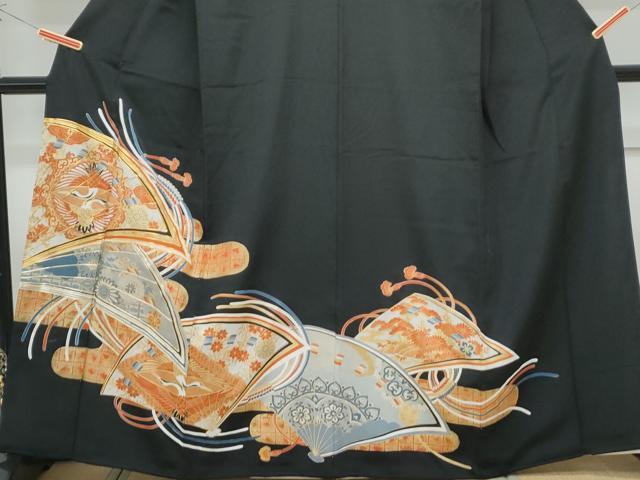 平和屋着物■豪華黒留袖 駒刺繍 扇面飛鶴花文 金彩 正絹 逸品 CABF1746th