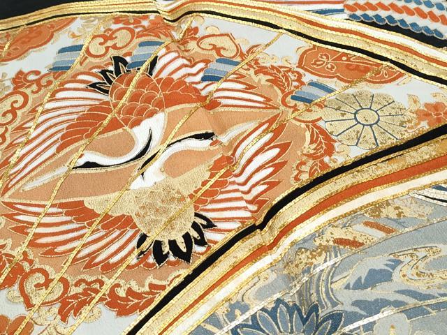 平和屋着物■豪華黒留袖 駒刺繍 扇面飛鶴花文 金彩 正絹 逸品 CABF1746th