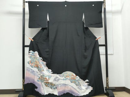 平和屋着物■豪華黒留袖 駒刺繍 地紙風景文 金彩 正絹 逸品 CABF1750th