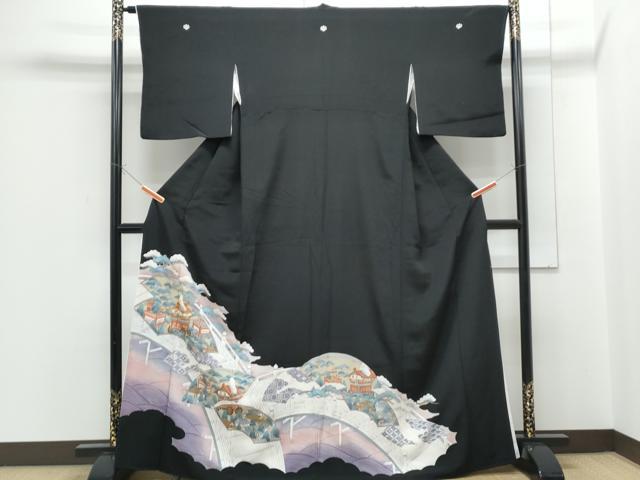 平和屋着物■豪華黒留袖 駒刺繍 地紙風景文 金彩 正絹 逸品 CABF1750th