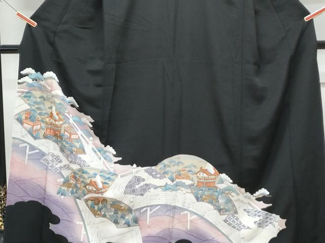 平和屋着物■豪華黒留袖 駒刺繍 地紙風景文 金彩 正絹 逸品 CABF1750th