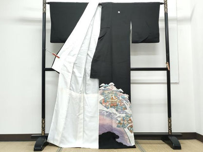 平和屋着物■豪華黒留袖 駒刺繍 地紙風景文 金彩 正絹 逸品 CABF1750th