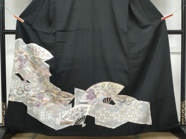 平和屋着物■豪華黒留袖 駒刺繍 扇面花鳥文 金彩 正絹 逸品 CABF1755th