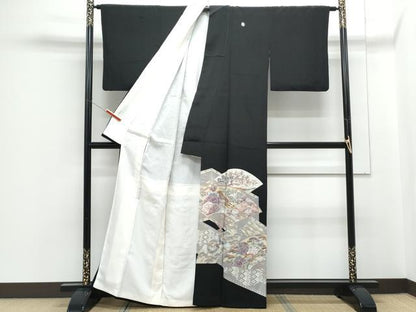 平和屋着物■豪華黒留袖 駒刺繍 扇面花鳥文 金彩 正絹 逸品 CABF1755th