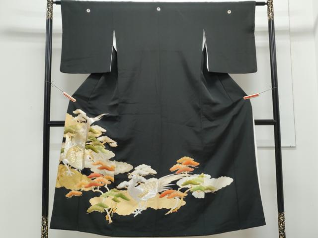 平和屋着物■豪華黒留袖 刺繍 尾長鳥松文 金彩 正絹 逸品 CABF1757th