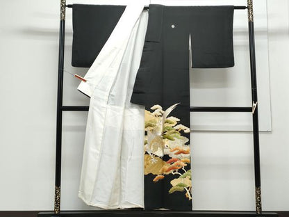 平和屋着物■豪華黒留袖 刺繍 尾長鳥松文 金彩 正絹 逸品 CABF1757th
