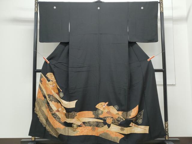平和屋着物■豪華黒留袖　駒刺繍　扇面宝尽くし鳳凰文　金彩　正絹　逸品　CABF1758th