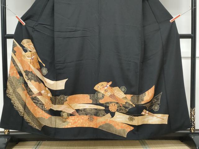 平和屋着物■豪華黒留袖　駒刺繍　扇面宝尽くし鳳凰文　金彩　正絹　逸品　CABF1758th