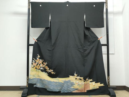 平和屋着物■豪華黒留袖 駒刺繍 枝橘 金彩 ロング丈 正絹 逸品 CABF1760th