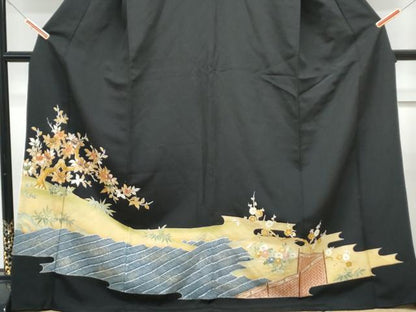 平和屋着物■豪華黒留袖 駒刺繍 枝橘 金彩 ロング丈 正絹 逸品 CABF1760th