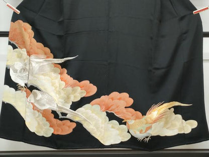 平和屋着物■豪華黒留袖　刺繍　尾長鳥　金彩　正絹　逸品　CABF1764th