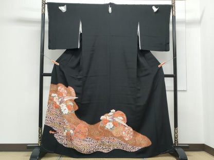 平和屋着物■豪華黒留袖　駒刺繍　鼓尾長鳥花文　金彩　正絹　逸品　CABF1767th