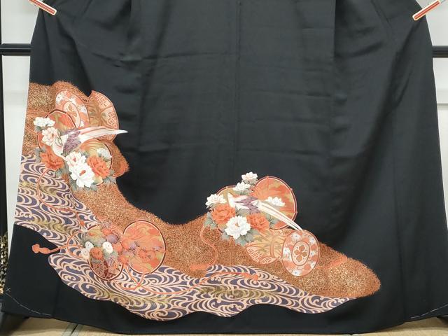 平和屋着物■豪華黒留袖　駒刺繍　鼓尾長鳥花文　金彩　正絹　逸品　CABF1767th