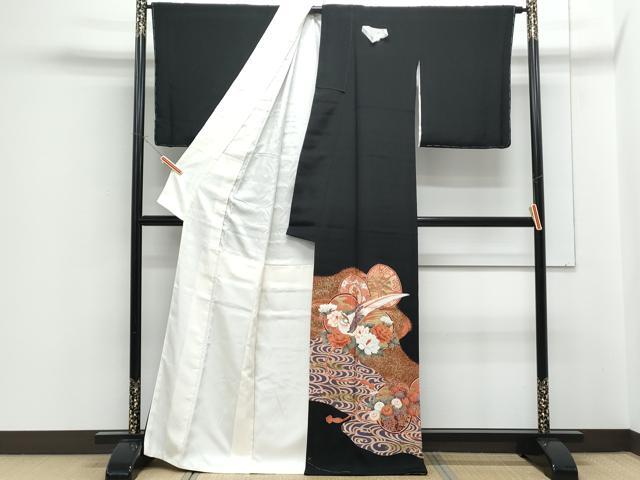 平和屋着物■豪華黒留袖　駒刺繍　鼓尾長鳥花文　金彩　正絹　逸品　CABF1767th