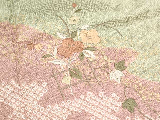 平和屋着物●訪問着　刺繍　絞り　道長花文　金糸　正絹　逸品　DABC3453az 平和屋着物□訪問着 絞り 刺繍 道長地紙花文 金彩 正絹 逸品