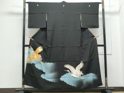 平和屋着物■豪華黒留袖 駒刺繍 飛鶴文 正絹 逸品 CABF1821th