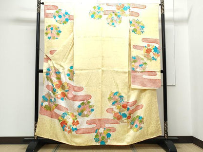 平和屋着物■豪華振袖　駒刺繍　エ霞草花丸文　暈し染め　金彩　正絹　逸品　CABF1827th