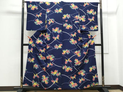 平和屋着物■上質な小紋　花蝶文　鬼しぼ縮緬　正絹　逸品　CABF1869th