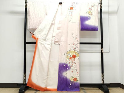 平和屋着物■訪問着　駒刺繍　扇面花文　暈し染め　金彩　正絹　逸品　CABF1894th