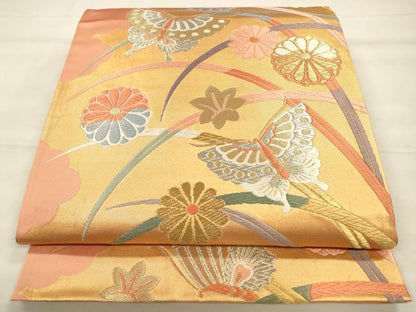 平和屋着物◎六通柄袋帯 唐織 露芝蝶花文 金銀糸 正絹 逸品 CABF2006qe