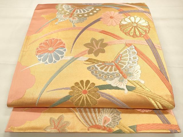 平和屋着物◎六通柄袋帯 唐織 露芝蝶花文 金銀糸 正絹 逸品 CABF2006qe