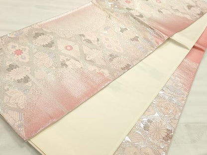 平和屋着物◎六通柄袋帯 唐織 花鳥菱文 銀糸 正絹 逸品 未使用 CABF2013qe
