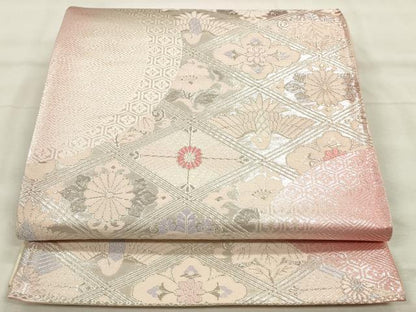 平和屋着物◎六通柄袋帯 唐織 花鳥菱文 銀糸 正絹 逸品 未使用 CABF2013qe