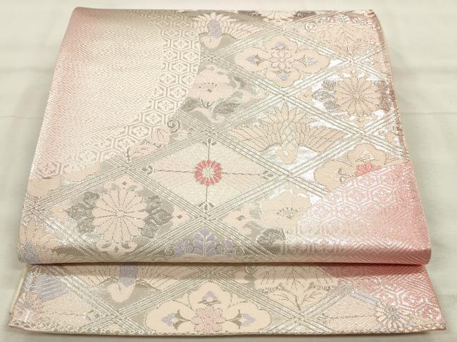 平和屋着物◎六通柄袋帯 唐織 花鳥菱文 銀糸 正絹 逸品 未使用 CABF2013qe
