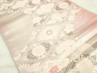 平和屋着物◎六通柄袋帯 唐織 花鳥菱文 銀糸 正絹 逸品 未使用 CABF2013qe