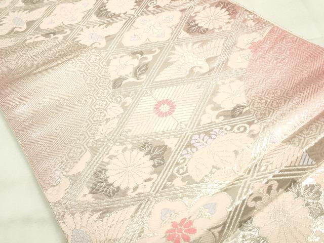 平和屋着物◎六通柄袋帯 唐織 花鳥菱文 銀糸 正絹 逸品 未使用 CABF2013qe