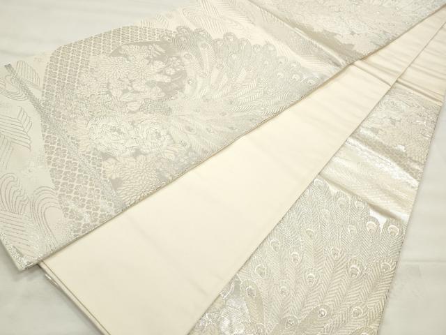 平和屋着物◎六通柄袋帯 美保姿 孔雀花文 銀糸 正絹 逸品 CABF2017qe