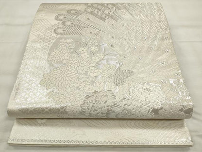 平和屋着物◎六通柄袋帯 美保姿 孔雀花文 銀糸 正絹 逸品 CABF2017qe