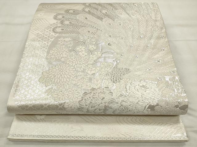 平和屋着物◎六通柄袋帯 美保姿 孔雀花文 銀糸 正絹 逸品 CABF2017qe