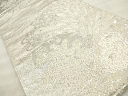 平和屋着物◎六通柄袋帯 美保姿 孔雀花文 銀糸 正絹 逸品 CABF2017qe