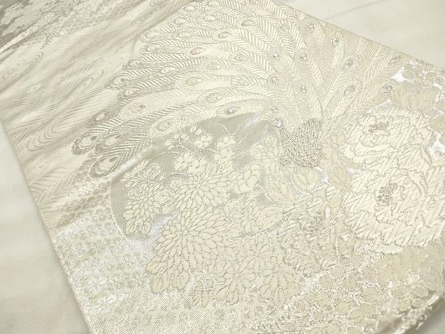 平和屋着物◎六通柄袋帯 美保姿 孔雀花文 銀糸 正絹 逸品 CABF2017qe
