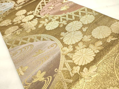 平和屋着物◎六通柄袋帯　流水籬花文　金糸　正絹　逸品　CABF2019qe