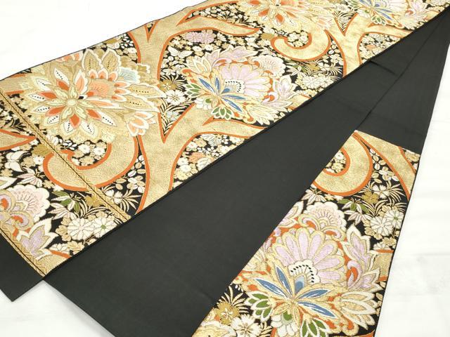 平和屋着物◎六通柄袋帯　唐織　更紗花唐草文　黒地　金糸　正絹　逸品　CABF2059qe