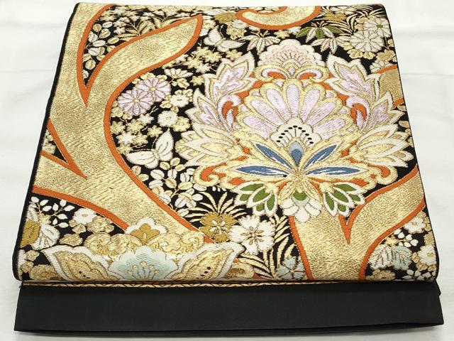 平和屋着物◎六通柄袋帯　唐織　更紗花唐草文　黒地　金糸　正絹　逸品　CABF2059qe