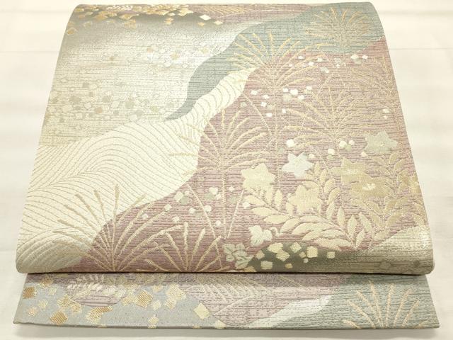 平和屋着物◎六通柄袋帯　流水草花文　金糸　正絹　逸品　CABF2083qe