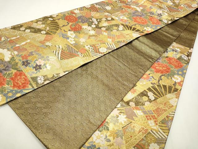 平和屋着物◎佐賀箔 六通柄袋帯 唐織 扇面花文 金糸 正絹 逸品 CABF2103qe