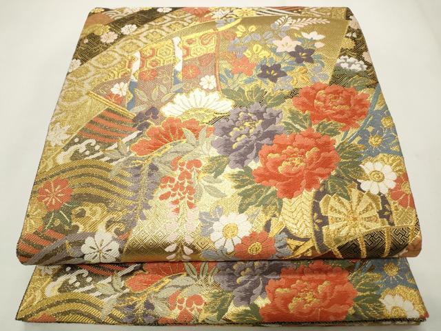 平和屋着物◎佐賀箔 六通柄袋帯 唐織 扇面花文 金糸 正絹 逸品 CABF2103qe