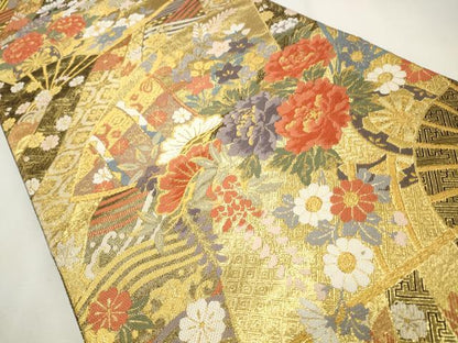 平和屋着物◎佐賀箔 六通柄袋帯 唐織 扇面花文 金糸 正絹 逸品 CABF2103qe