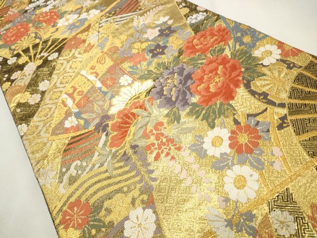 平和屋着物◎佐賀箔 六通柄袋帯 唐織 扇面花文 金糸 正絹 逸品 CABF2103qe