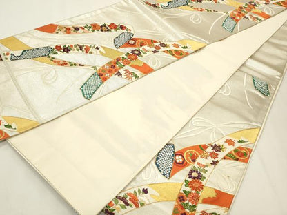 平和屋着物◎六通柄袋帯　唐織　結び紐花文　金銀糸　正絹　逸品　CABF2117qe